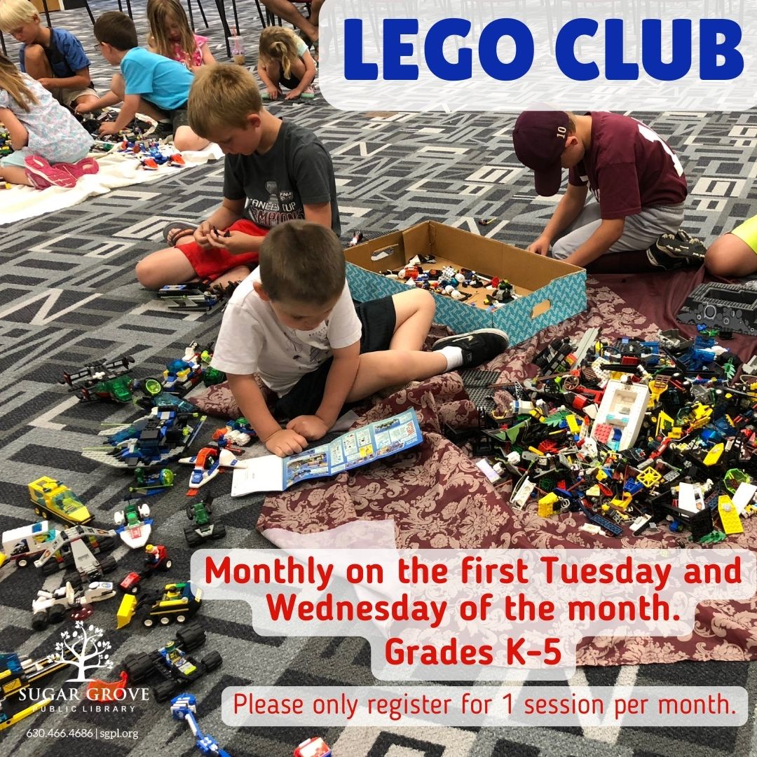 Lego Club: Monthly on the first Tuesday and Wednesday of the month; Grades K-5