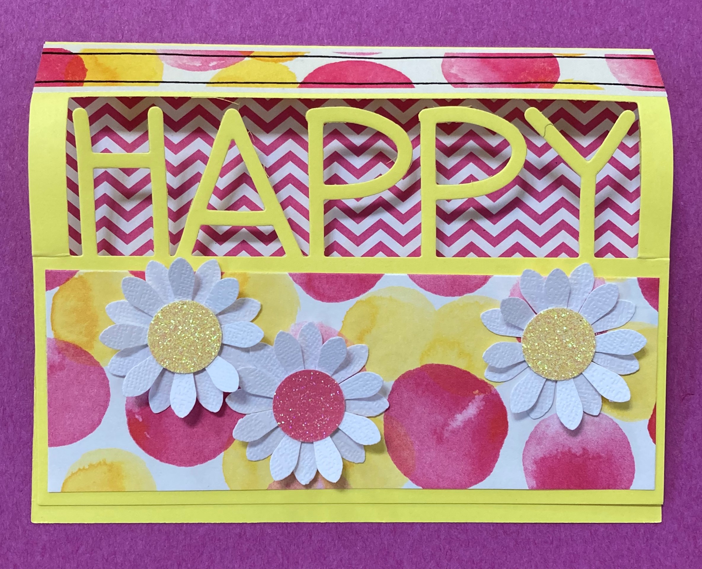 Three dimensional easel greeting card with HAPPY in large letters and flowers