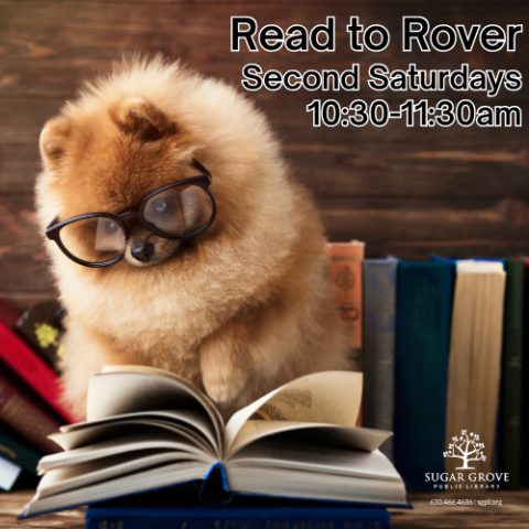 Photo of a floofy Pomeranian wearing glasses and reading a book, in front of background of books and wood paneling. Text: Read to Rover; Second Saturdays; 10:30-11:30.