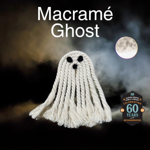 Ghost made of macramé rope floating in the dark sky.  