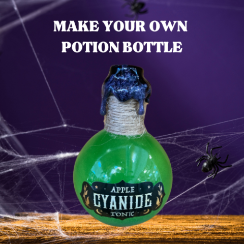 Round potion bottle with green liquid and black top.