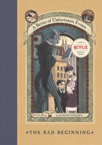 A tan book cover with a navy blue spine. Illustrated panel in the center of a sinister-looking tall man opening a door to three small children with light skin and dark hair. Title in arched script above illustration.