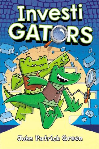 Cover of InvestiGATORS book 1: Comic-style illustration of two alligators (one dark green, one light green) wearing brown vests, running on two legs toward the reader. Title in large type above.