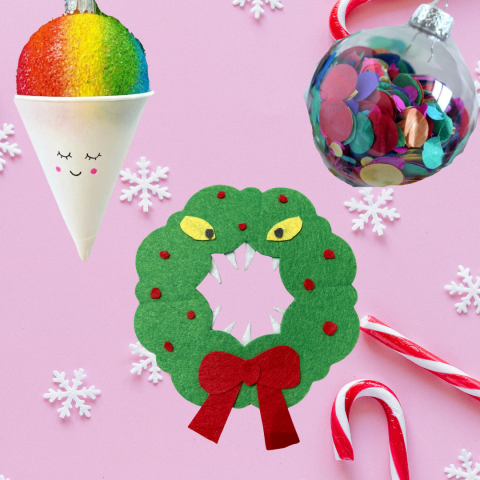 Picture of snow cone ornament, wreath ornament, and confetti ornament