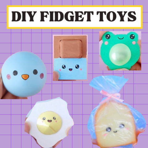 Picture of a frog, egg, chocolate, and toast fidget toy.