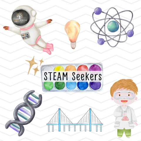 White background with a paint palette in the center. Black text: STEAM Seekers. Surrounding the paint palette are an astronaut, lightbulb, atom, light-skinned child with beaker, bridge, and double-helix illustrations.