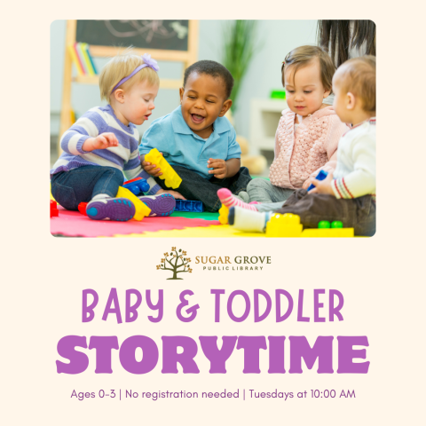 Square image with tan background and purple text. A photograph of four babies with various skin tones sitting and playing with toys on a colorful rug. Text: Baby & Toddler Storytime - Ages 0-3 | No registration | Tuesdays at 10:00 AM