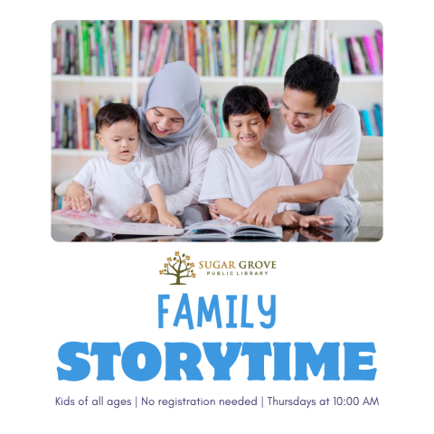 Square image with white background and blue text. Photograph of a mom, dad, and two small kids reading books in front of a bookshelf. The people have light tan skin and dark hair, and the mother is wearing a light grey hijab. Text: Family Storytime - Kids of all ages | No registration | Thursdays at 10:00 AM