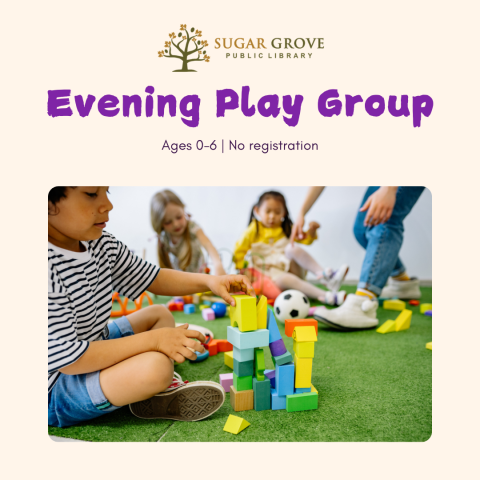 A square image with a tan background and purple text. Photograph of four kids with varying skin tones playing with blocks. Text: Evening Play Group: Ages 0-6 | No Registration