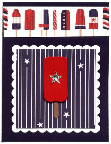 A greeting card of a red popsicle with stars and a red and blue popsicle top border