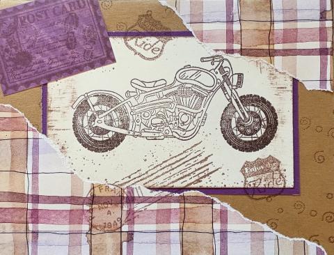 greeting card showing ripped pieces in a plaid pattern, a postcard, road signs, and a motorcycle