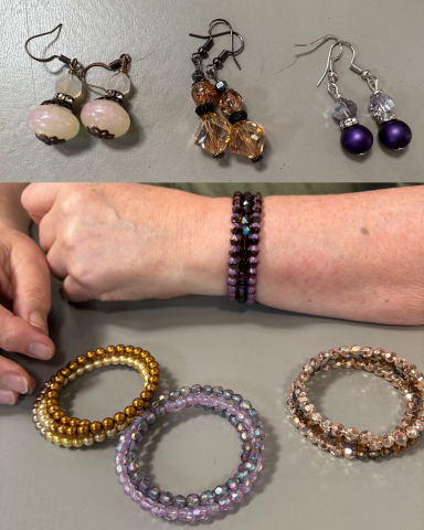 Three pairs of drop earrings and four bracelets in a variety of colors
