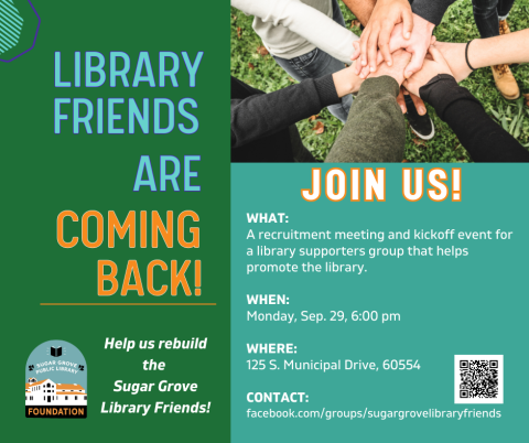 Image with details about the library friends kickoff event. includes an image of putting hands together, and the logo for the sugar grove library foundation
