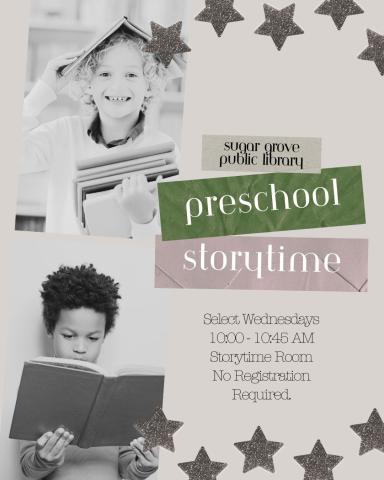 Two children reading accompanied with text for preschool storytime program. Select Wednesdays from 10-10:45 AM at the Sugar Grove Public Library. Intended for children ages 3-6.