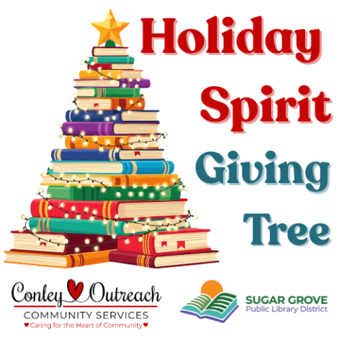 Holiday Spirit Giving Tree with Conley Outreach Community Services and Sugar Grove Public Library logos
