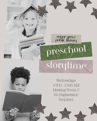 Preschool Storytime. Wednesdays. 10-10:45 AM. Meeting Room C
