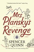 Mrs. Plansky's Revenge cover features drawings of a woman with a suitcase near mountains and on a motorcycle and a man running away