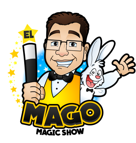 A cartoon image of El Mago the magician. A man with dark hair, olive skin, and glasses facing the camera. He is wearing a white shirt, yellow vest, and black bow tie, waving one hand and holding a magic wand with the other. A white rabbit peeks out from behind him. Text: El Mago Magic Show.