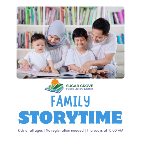 Square image with white background and blue text. Photograph of a mom, dad, and two small kids reading books in front of a bookshelf. The people have light tan skin and dark hair, and the mother is wearing a light grey hijab. Text: Family Storytime - Kids of all ages | No registration | Thursdays at 10:00 AM