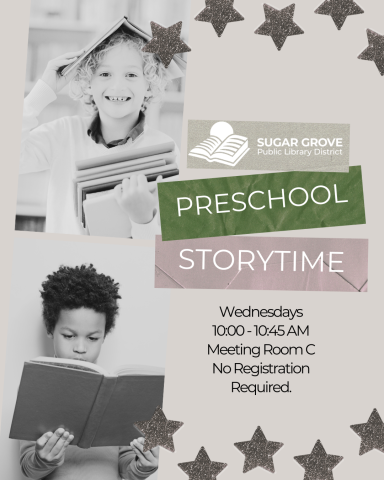 Preschool Storytime. Wednesdays. 10-10:45 AM. Meeting Room C