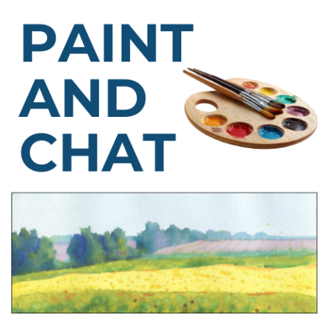 Paint & Chat logo with palette and spring horizontal landscape