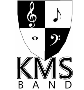 KMS Jazz Band shield logo with musical notes and clefs in black and white