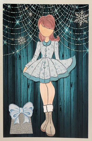 An illustration of a paper doll in a short flouncy dress with a wrapped gift