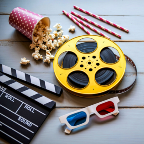 A film reel, 3-D glasses, a blank clapboard, paper straws, and a tipped over pink striped cup of popcorn on a gray backdrop