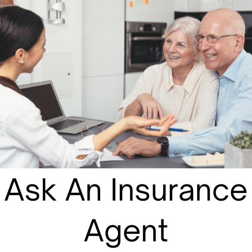 Ask An Insurance Agent logo with senior couple talking to insurance agent