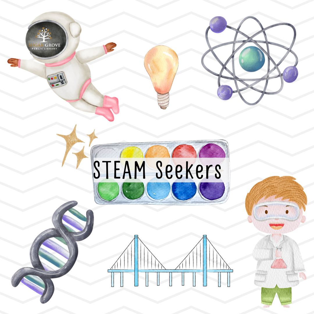 A white square with the words STEAM Seekers in the center surrounded by colored dots. Clip-art images of an astronaut, a lightbulb, an atom, a light-skinned child holding a beaker, a bridge, and a double helix surround the text area.