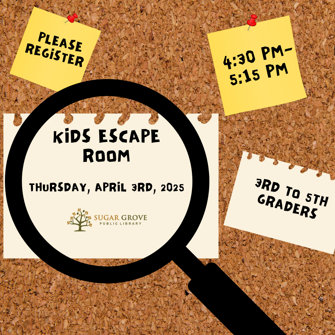 Kids Escape Room with a cork bulletin board with pieces of paper examined by a magnifying glass