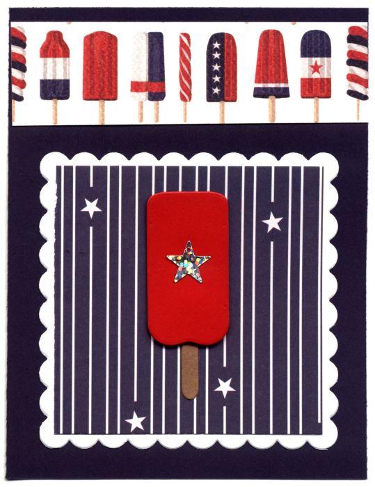 A greeting card of a red popsicle with stars and a red and blue popsicle top border