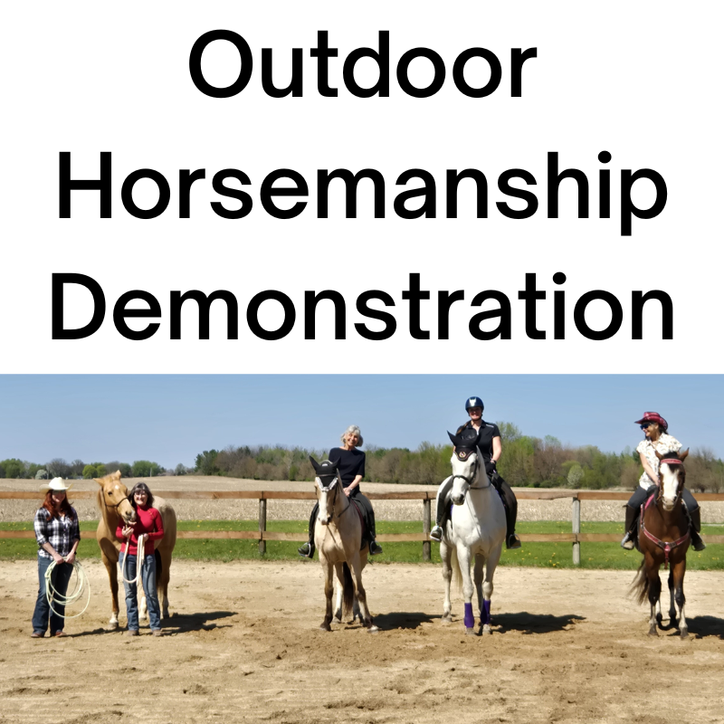 Row of horses and riders with Outdoor Horsemanship Demonstration header