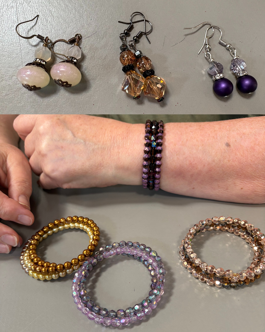 Three pairs of drop earrings and four bracelets in a variety of colors