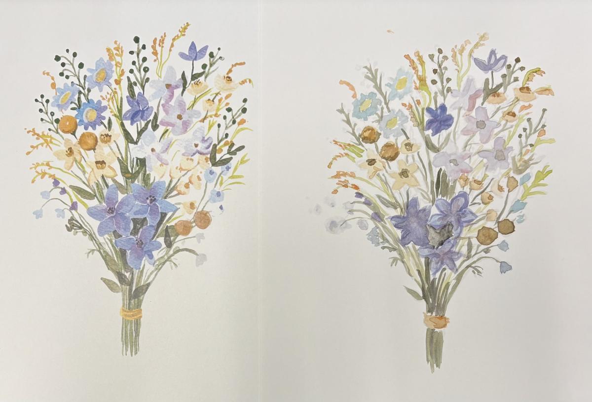 Two watercolor paintings of a floral bouquet in blues, yellows and browns