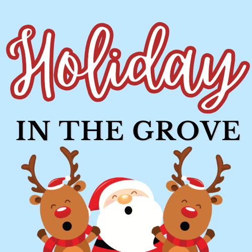 Holiday in the Grove with Santa Claus singing with two reindeer