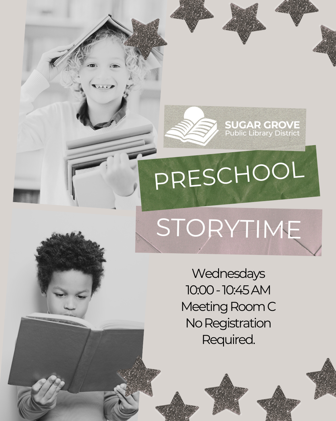 Preschool Storytime. Wednesdays. 10-10:45 AM. Meeting Room C