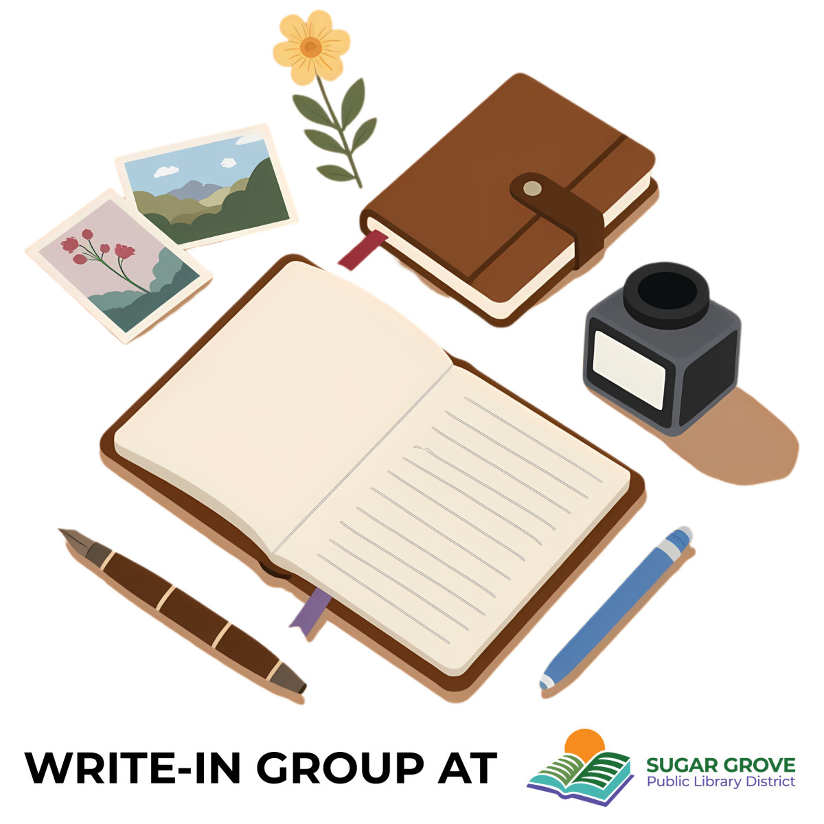 Write-In Group image of writing materials, a yellow flower, and 2 pictures